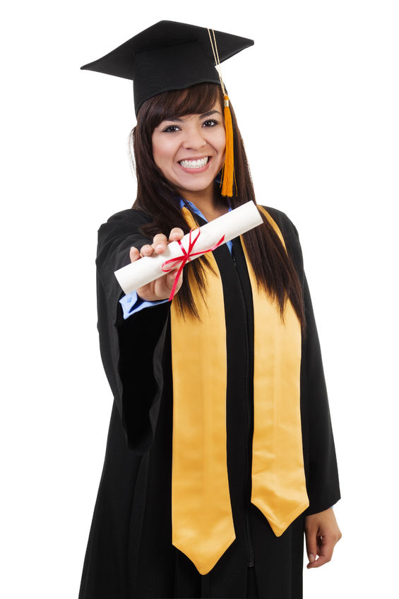 Female graduate in gown and mortarboard holds out her diploma